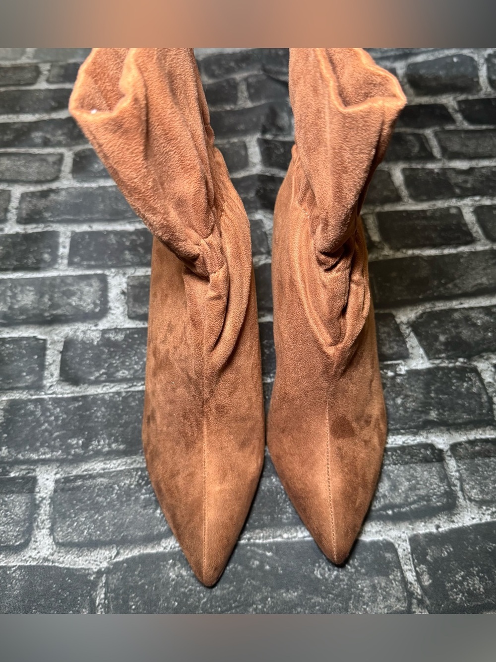 Express Pointed-Toe Suede Ankle Booties in Cognac Brown